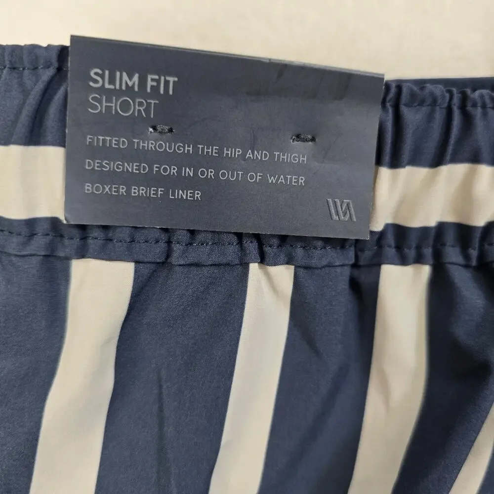 Vrst Striped resort swim shorts with navy and white vertical stripes NWT *FLAW*